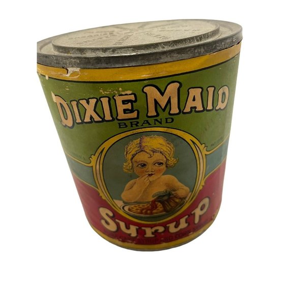 Dixie Maid Brand Syrup Empty Old Can Girl Eating Waffles  4 1/2" x 4 13" - Picture 1 of 7